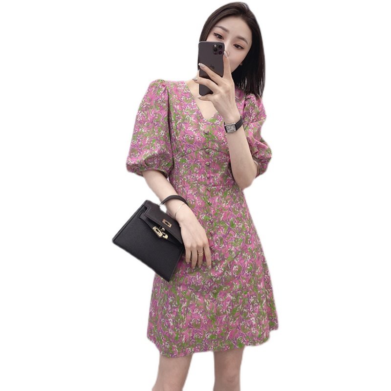 碎花裙子女夏设计气质温柔感连衣裙 咖布服饰连衣裙