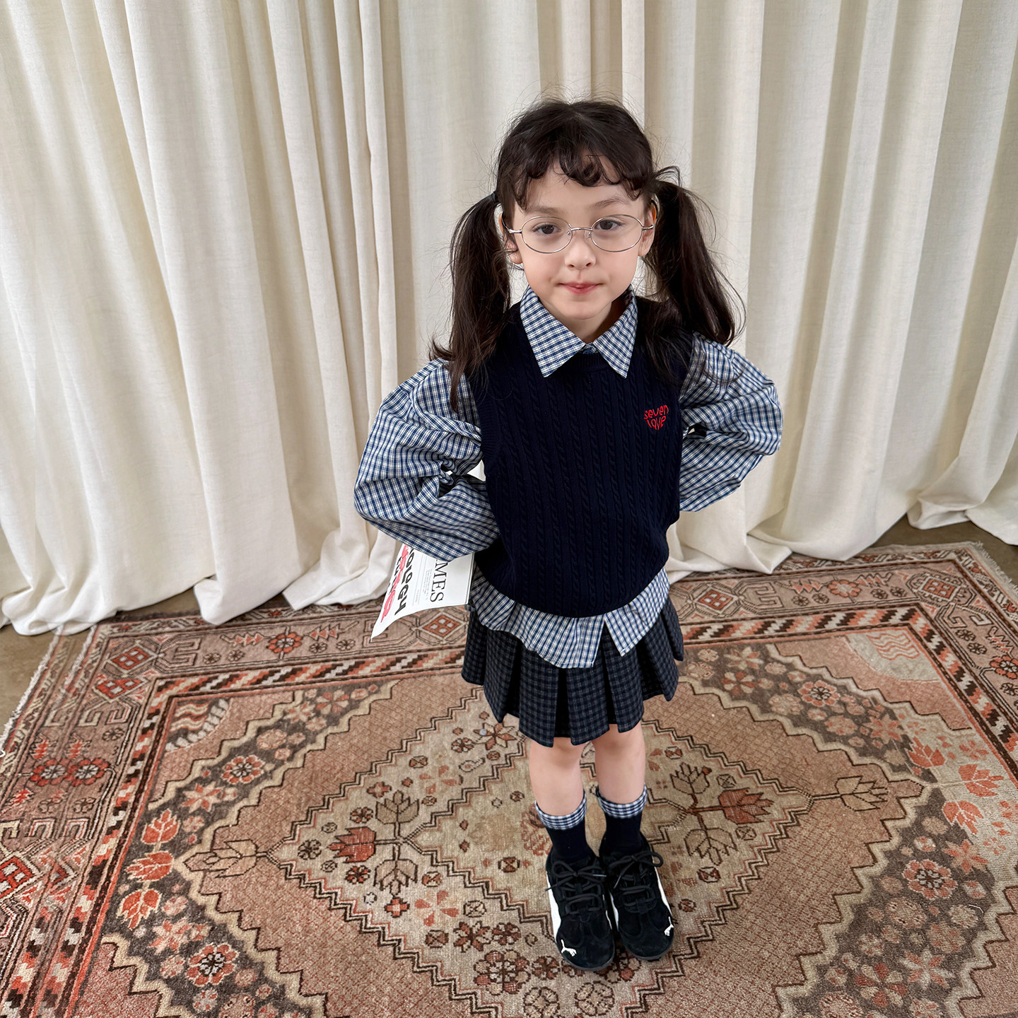 柒号童仓女大童韩版黑白格纹裙半身裙秋冬装新款百褶松紧腰短裙,淘宝优惠券,粉丝福利购,淘宝优惠卷