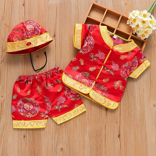 宝宝唐装中国风生日百天百岁喜庆装黄马褂2023夏短袖婴儿周岁服汉 - 图2