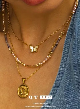 不锈钢镀金淡水珍珠吊坠项链女