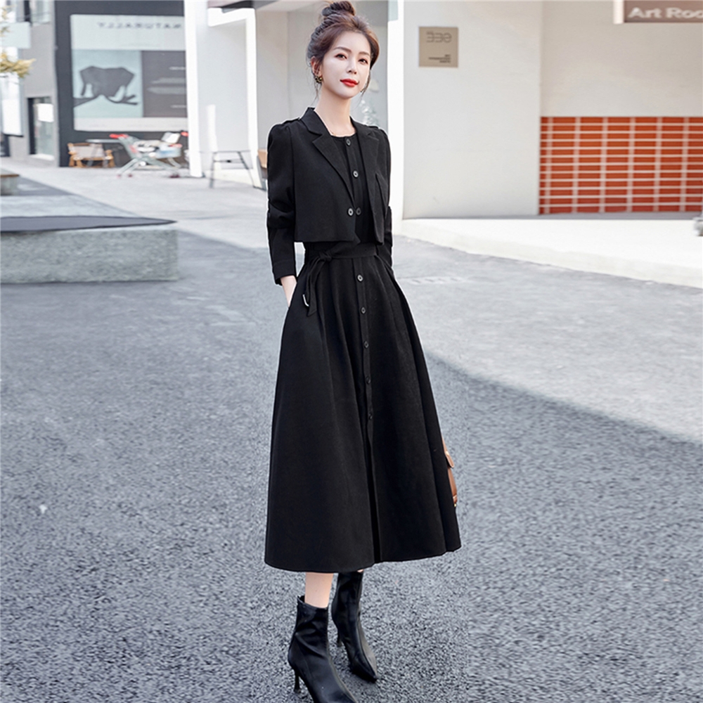 套装女秋季大码杭派圆领单排扣衬衫裙西装领马甲修身显瘦两件套 - 图1