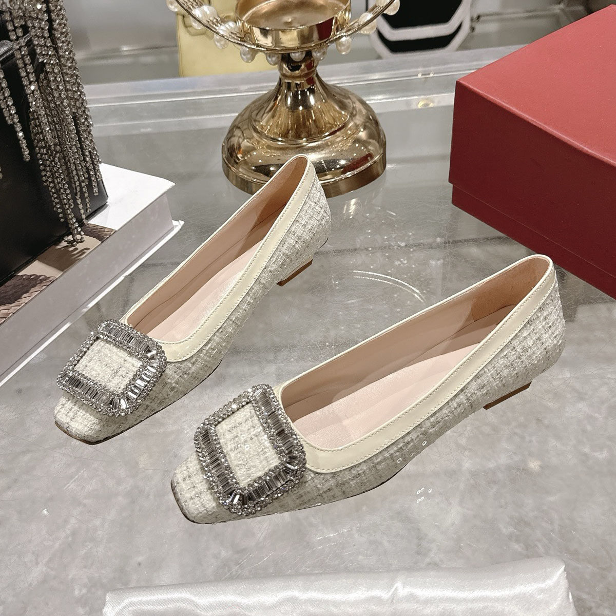 小香风粗花呢水钻方扣单鞋方头粗跟亮片高跟鞋女25 新款低跟女鞋,淘宝优惠券,粉丝福利购,淘宝优惠卷