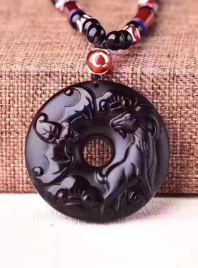 福禄壮志黑曜石平安扣吊坠项链生肖羊形羊型饰品项链男女款