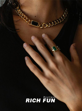 小众黑玛瑙孔雀石镀金戒指ins