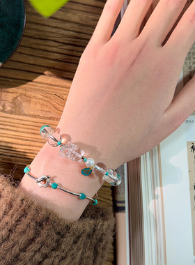 新中式中国风原创饰品绿松石方糖925纯银手链细款男女设计款单圈