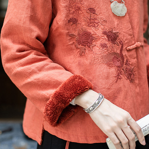 秋冬加绒短外套加厚汉服复古盘扣中国风上衣中式女装红色棉衣棉服 - 图2