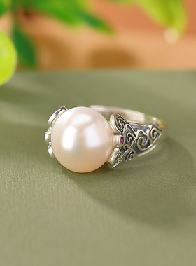 原创潮S925纯银淡水珍珠复古做旧祥云如意圆珠戒指气质百搭银指环