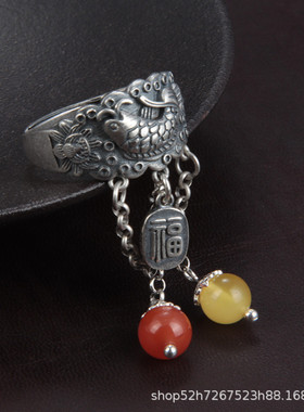 s925纯银锦鲤戒指女复古做旧蜜蜡