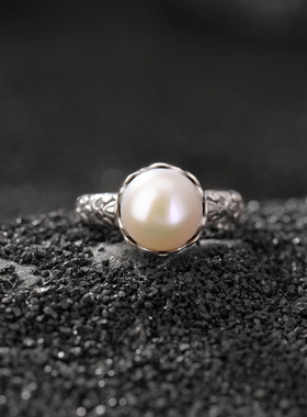 S925纯银淡水珍珠复古做旧莲花花纹圆珠戒指民族风气质指环原创潮