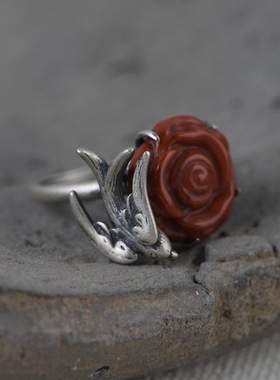 南红纯银复古风汉服配饰开口戒指