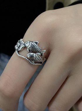 S925纯银复古做旧民族风汉服配饰古风锦鲤莲花镂空个性开口戒指女