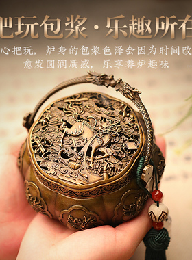 青沉暖手炉纯铜苏工麒麟瓜棱仿古