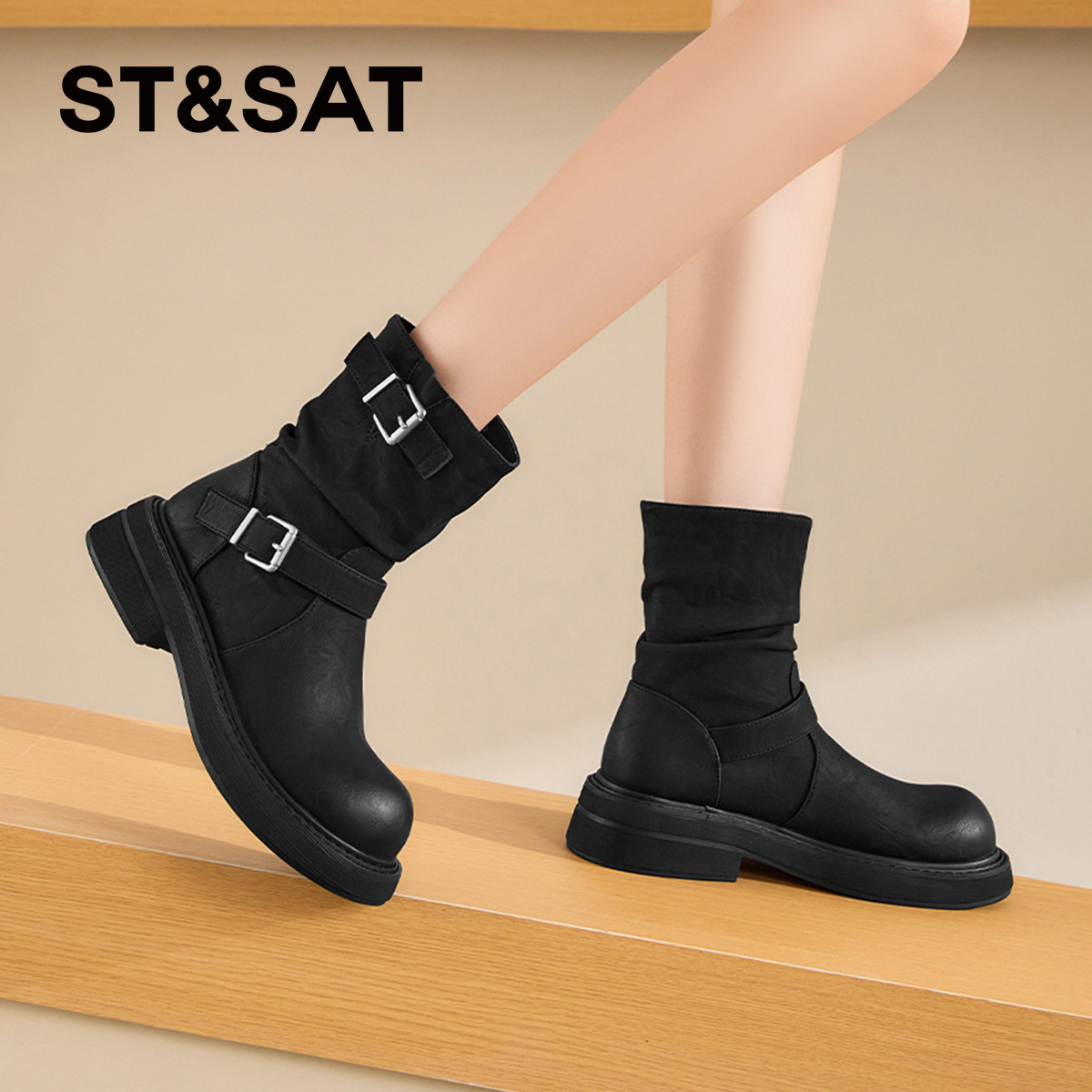 St&Sat/星期六秋冬复古西部牛仔靴厚底增高堆堆短靴女SSD4116C7B,淘宝优惠券,粉丝福利购,淘宝优惠卷