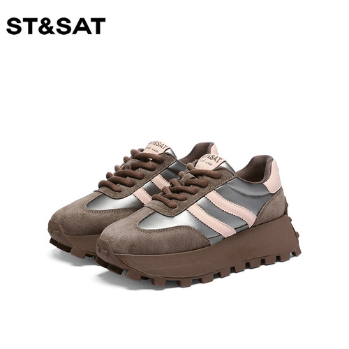 St&Sat/星期六春秋圆头拼接系带增高厚底低帮老爹鞋女SS33112I57 - 图1