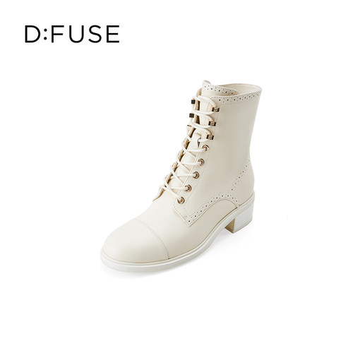 D：Fuse/迪芙斯秋冬牛皮马丁靴圆头粗跟前系带短靴女DF34116209 - 图2