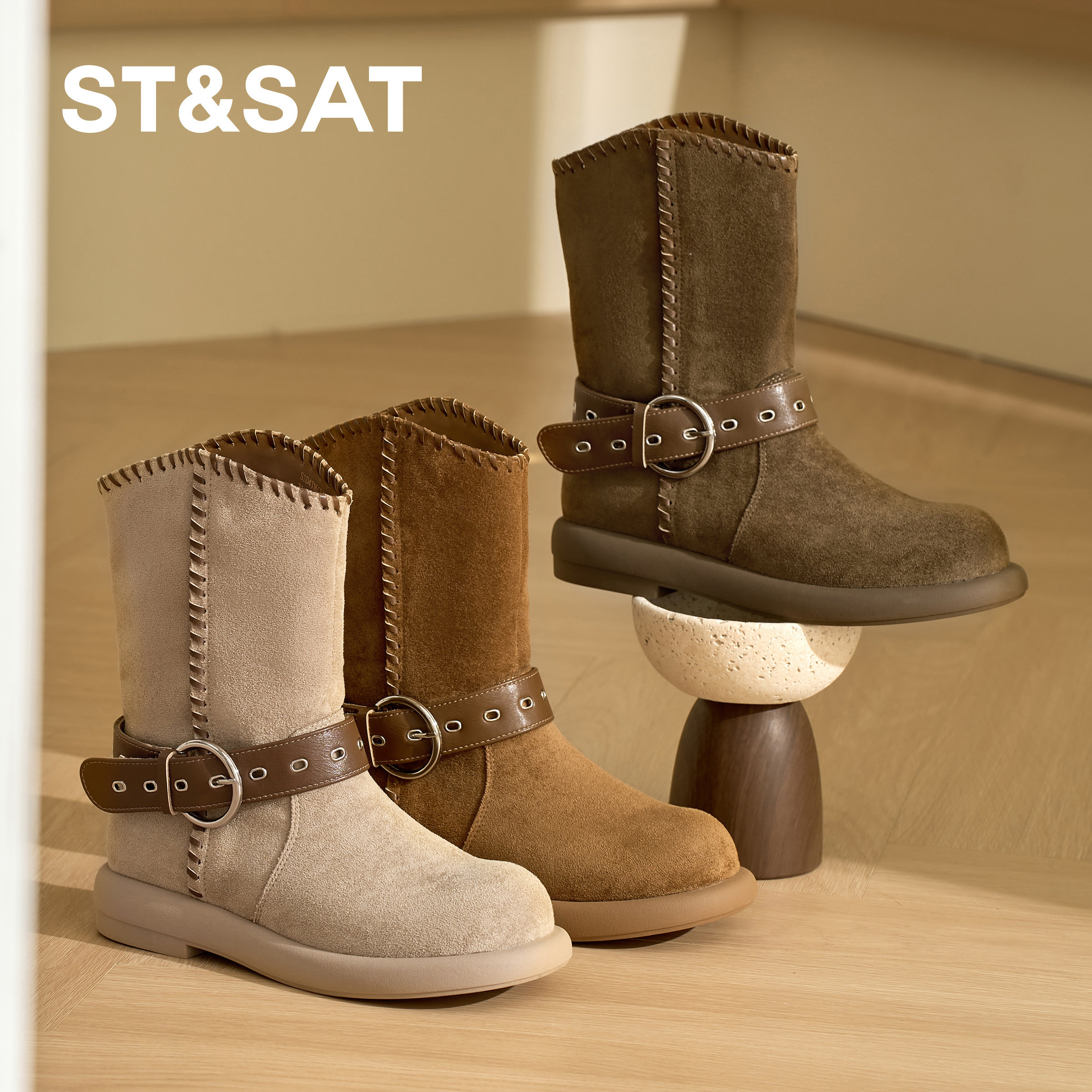 St&Sat/星期六秋冬西部牛仔靴显瘦V口中筒靴粗跟短靴女SSD4116CKC,淘宝优惠券,粉丝福利购,淘宝优惠卷