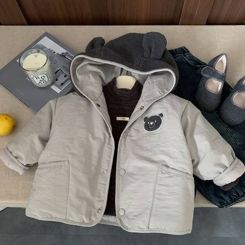 儿童连帽外套男保暖2025秋冬新款小童小熊棉衣洋气宝宝夹克女夹棉 - 图2