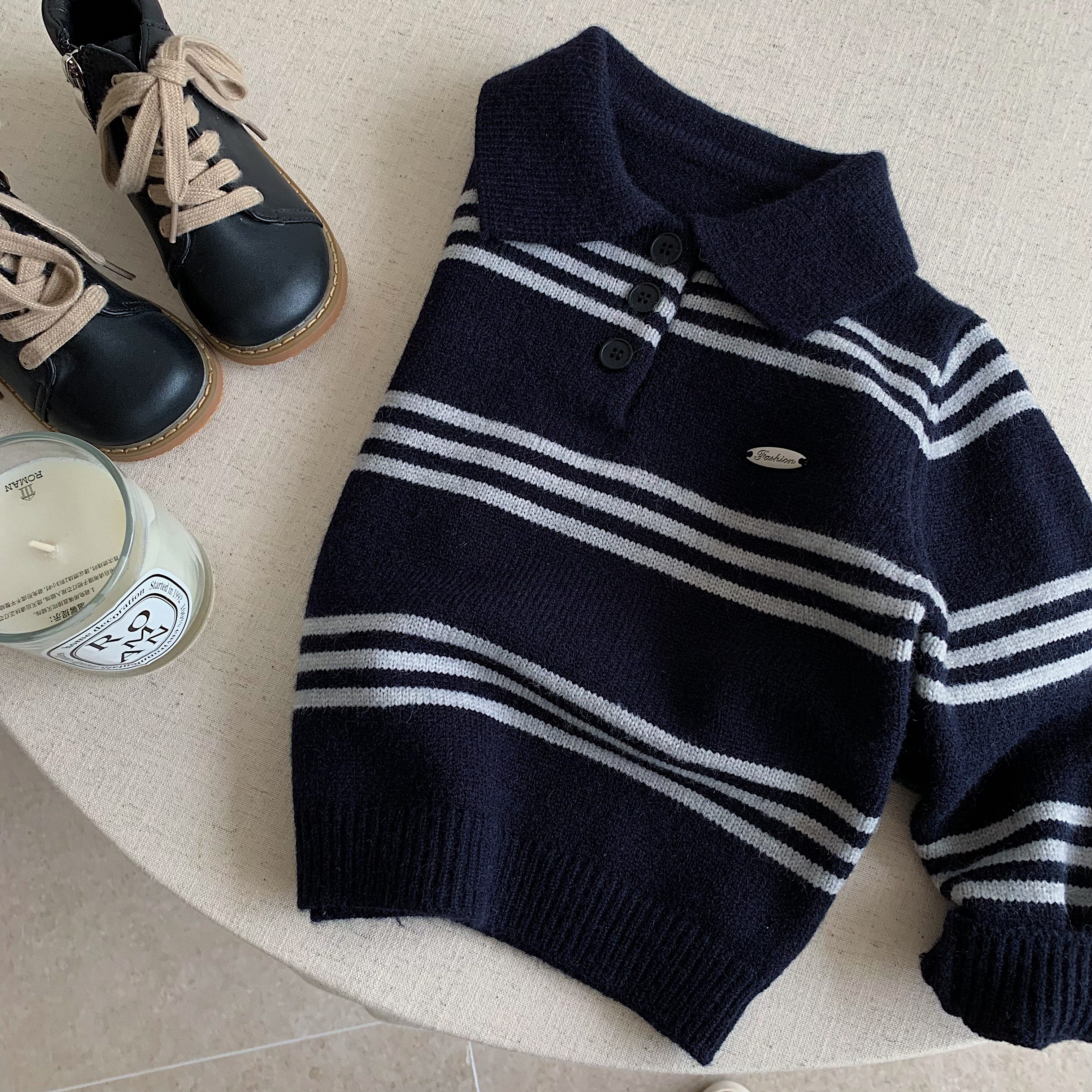 儿童Polo领毛衣男女童加厚休闲针织衫2025冬款宝宝条纹套头打底衫,淘宝优惠券,粉丝福利购,淘宝优惠卷