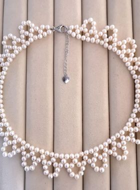 日系网红款时尚天然淡水珍珠项链多层花式手工编织蕾丝颈链锁骨链