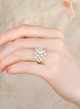 轻奢时尚唯美天然淡水珍珠捧花款戒指S925纯银镶嵌多珍珠指环女士