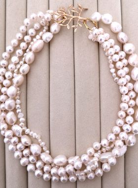 原创新款淡水复古多股编织多层天然异形黑白灰珍珠颈链项链锁骨链