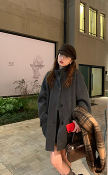 imxiang pictorial coat stand collar wool coat double-sided cloak coat women's lazy woolen coat