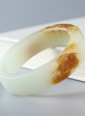 玉友和田玉鸳鸯荷花玉石手镯孤品