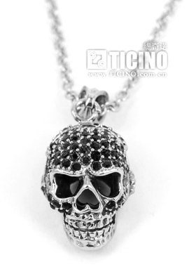 TICINO缇奇诺品牌酷炫满镶黑曜耳麦骷髅头精钢吊坠T恤外挂坠配饰