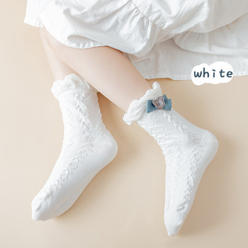 ຖົງຕີນເດັກຍິງ lace bow ກາງ tube socks ພາກຮຽນ spring ແລະດູໃບໄມ້ລົ່ນຝ້າຍບໍລິສຸດ princess style ເດັກນ້ອຍອາຍຸກາງປີປ່າໄມ້ແຂງ ins trend