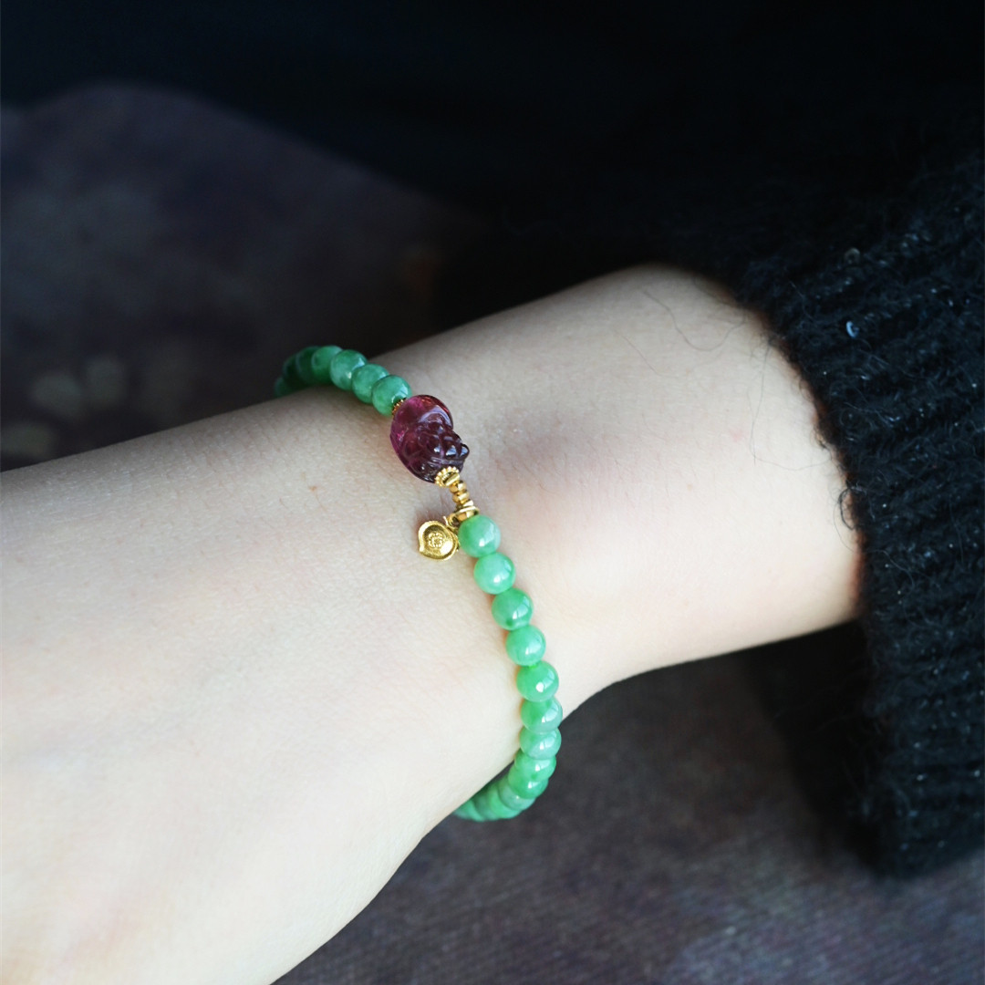 一斤钻戒 一物一图 天然缅甸A货翡翠手串 色泽亮丽 18K金粉碧玺,淘宝优惠券,粉丝福利购,淘宝优惠卷