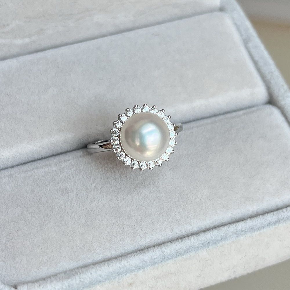 S925 sterling silver mirror extremely bright pure white silky smooth and flawless natural white pearl ring 9mm sunflower