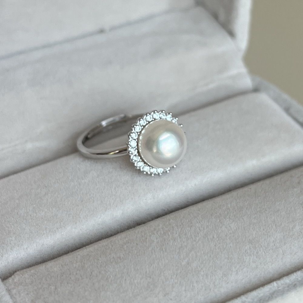 S925 sterling silver mirror extremely bright pure white silky smooth and flawless natural white pearl ring 9mm sunflower