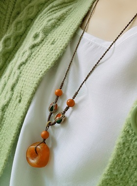 复古二代蜜蜡毛衣配饰项链女百搭民族风平安扣老蜡锁骨链吊坠挂件