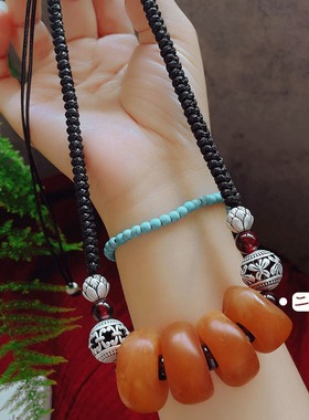 复古老蜜蜡吊坠手工编织百搭锁骨链民族风女项链简约挂衣服件饰品