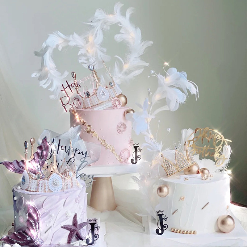 网红情人节蕾丝皇冠蛋糕装饰满天星珍珠摆件儿童女王生日派对装扮