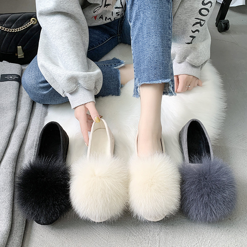 白色毛毛鞋女2024秋冬新款狐狸毛外穿单鞋软底百搭加绒豆豆鞋棉鞋,淘宝优惠券,粉丝福利购,淘宝优惠卷