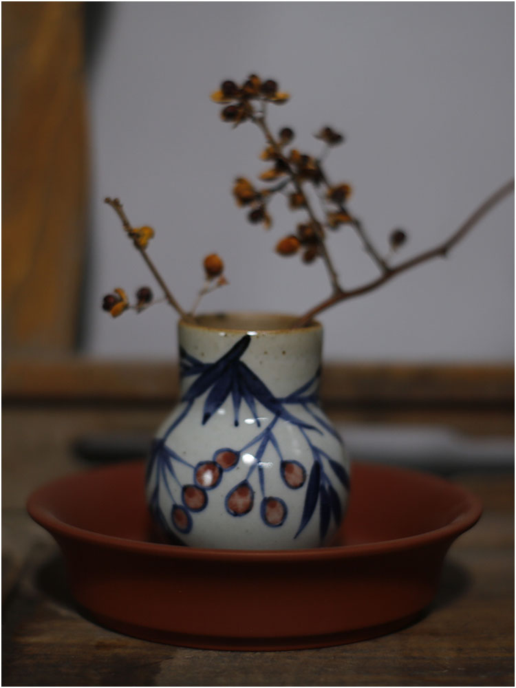 韩祠茗品｜茶室茶桌茶台陶瓷小花插花瓶手绘青花粗陶家居摆件复古