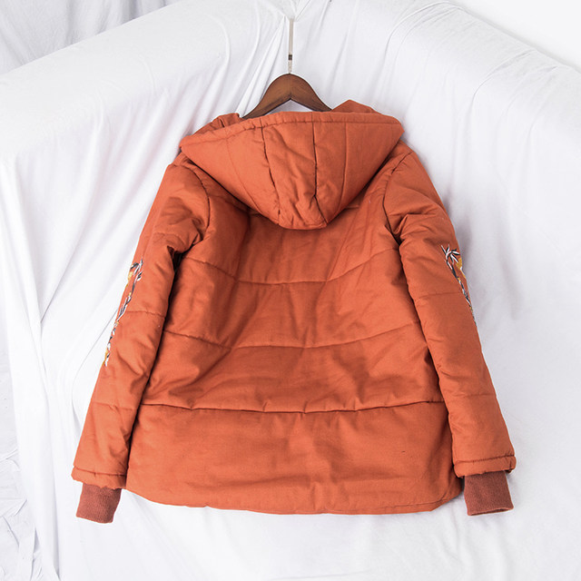 Forest style literary style hooded cotton jacket with flower embroidery on the front
