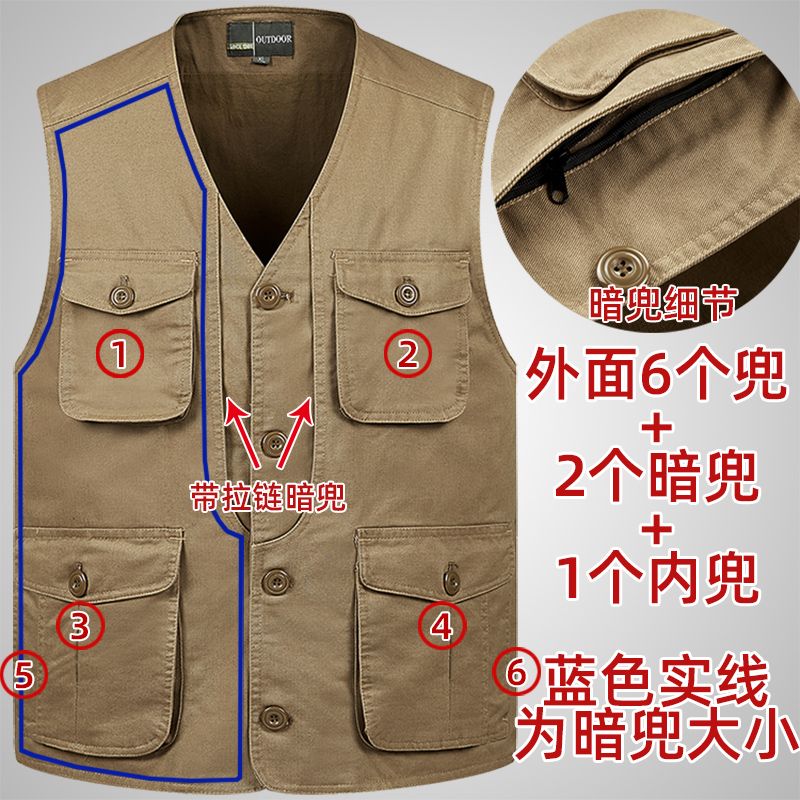 中老年纯棉多口袋钓鱼马甲爸爸宽松大码背心纽扣款开衫男士坎肩 - 图1