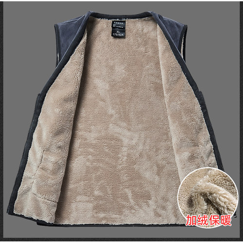 秋冬款加绒保暖马甲中老年男式无袖坎肩爸爸宽松大码背心V领坎肩 - 图0