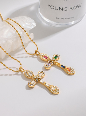 欧美锆石钛钢十字架项链