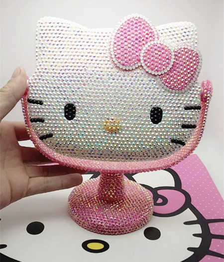 包郵Hello Kitty臺式鏡子DIY貼鑽果凍鑽kt貓化妝鏡KT隨身臺式鏡子