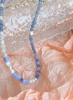 甜酷风蓝白配色天然石珍珠项链