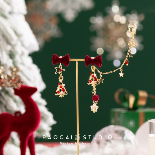 原创设计圣诞节镶钻圣诞树甜美新年红色耳钉耳骨夹耳环耳夹耳饰品 - 图1