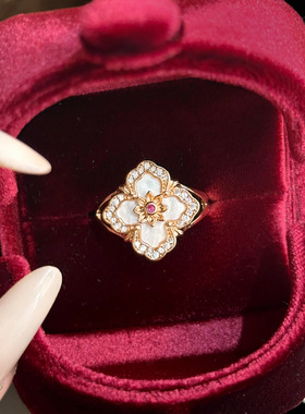 中古意大利布契风四叶草花窗戒指ins风法式复古轻奢贝母镶嵌戒指