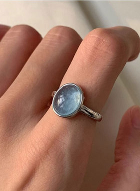 韩版925银彩虹戒指女海蓝宝月光石戒指轻奢气质珍珠开口指环组合