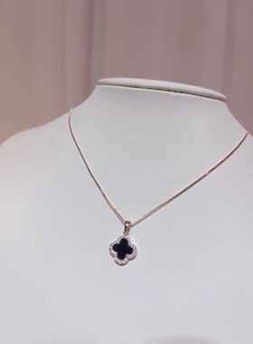 高档网红项链女四叶草 黑色吊坠 18k玫瑰金锁骨链夏天配饰 不掉色