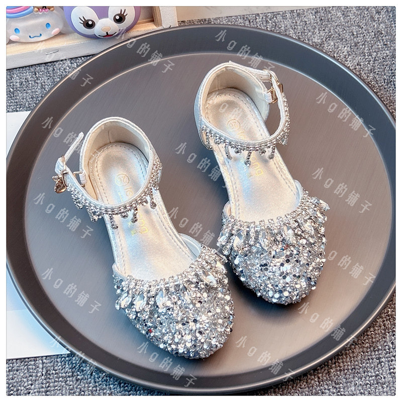 女童高跟公主鞋模特走秀演出皮鞋银色儿童礼服裙闪亮舞台水晶凉鞋,淘宝优惠券,粉丝福利购,淘宝优惠卷