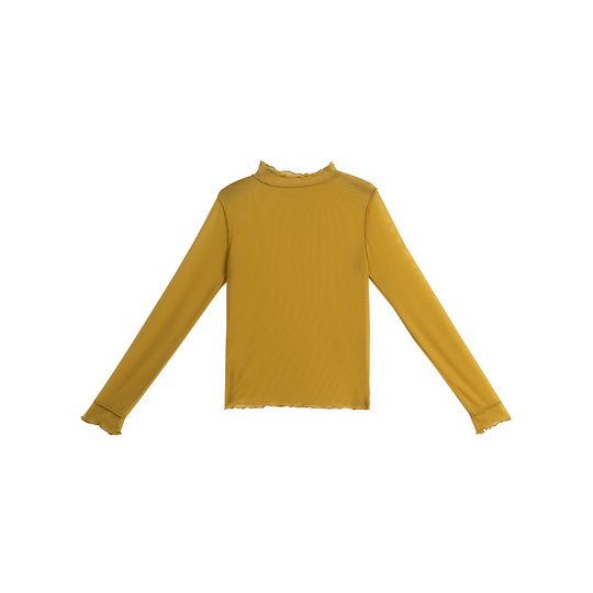 QUEENSHOP 2025秋冬新品女装饱和色系木耳边透肤长袖上衣01099100