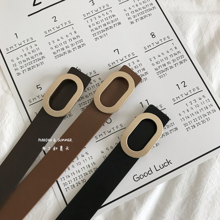 金属感哑光椭圆暗扣皮带复古女士腰带牛仔裤带韩国时尚流行装饰